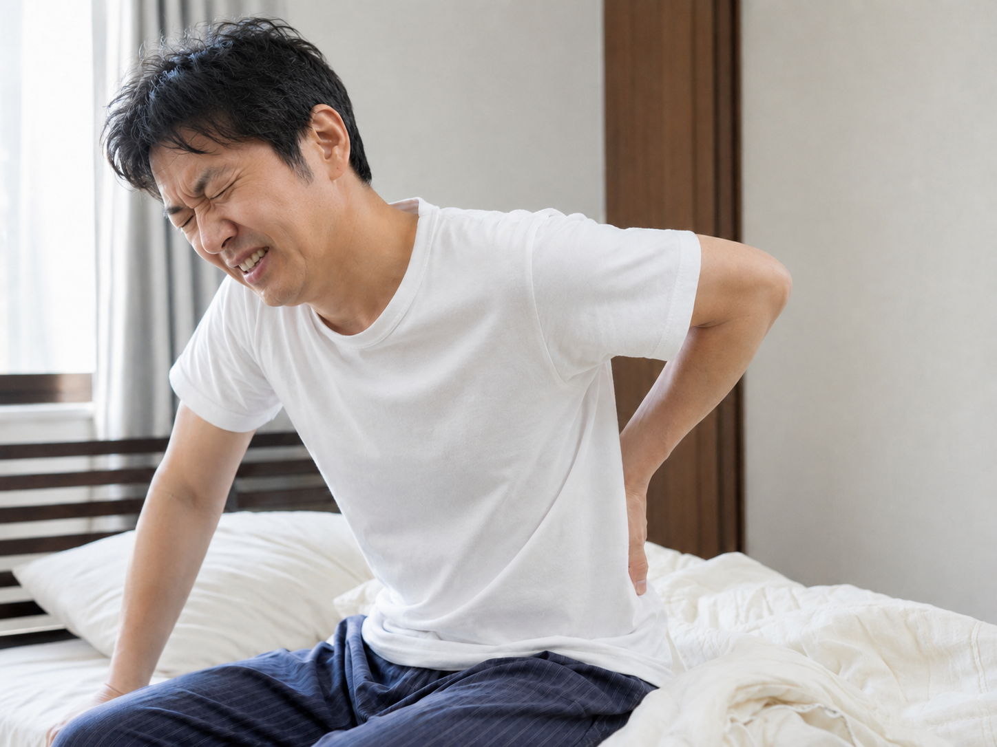ぎっくり腰により身体を動かすことや歩くことがつらい40代男性の来院時の様子