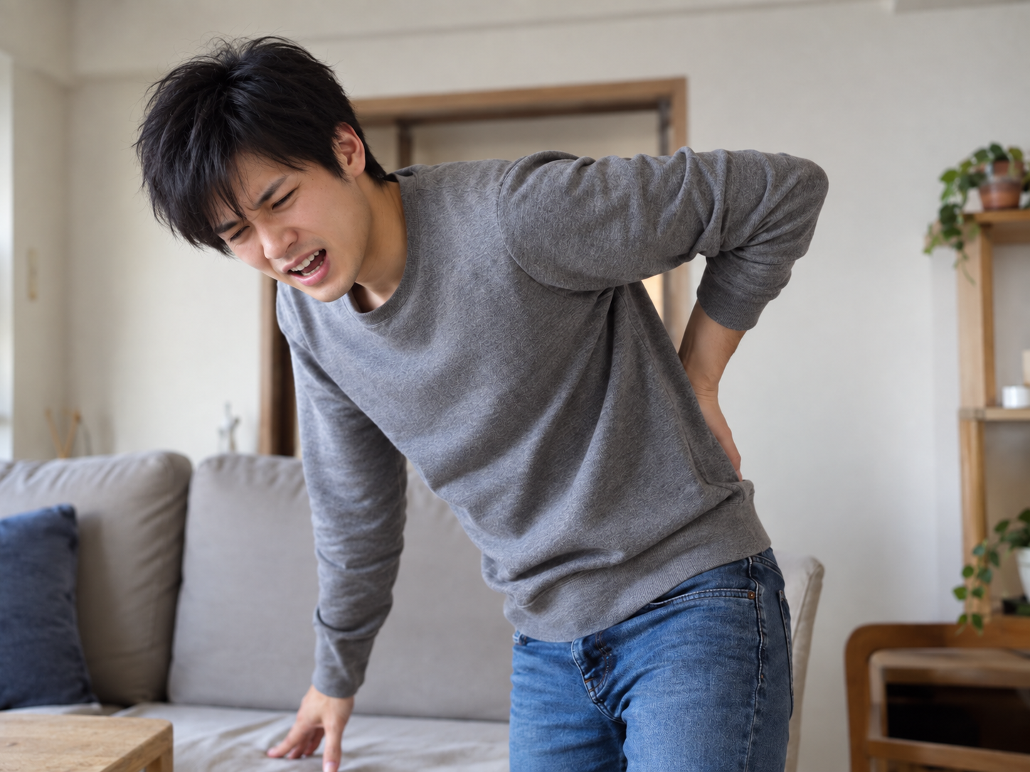 ぎっくり腰により前かがみの姿勢で歩く20代男性の来院時イメージ