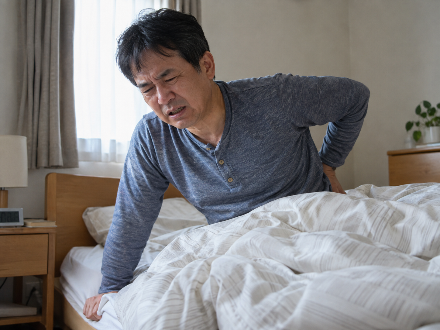 朝ベッドから起き上がる時に腰がつらい様子