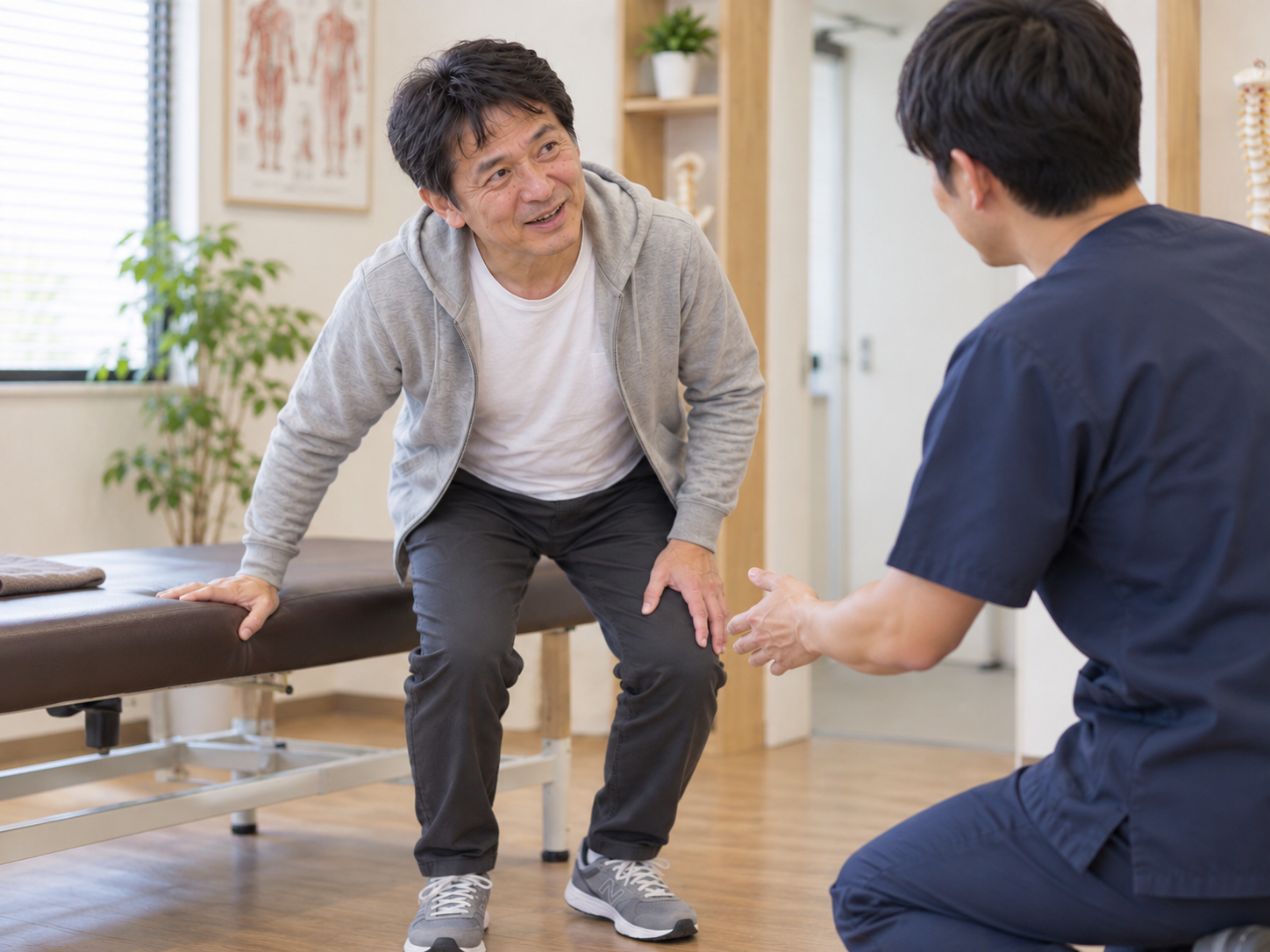 初回施術後に立ち上がりや歩行を確認している様子