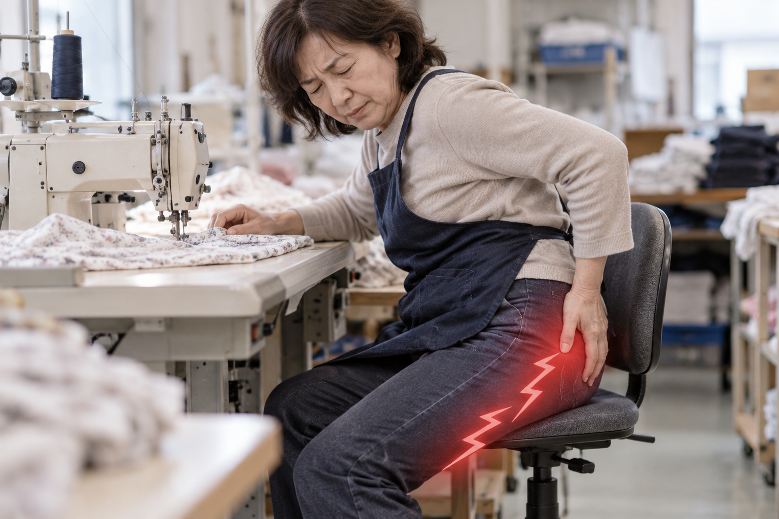 長時間のミシン作業で左のお尻から太ももの裏にしびれを感じる50代女性のイメージ