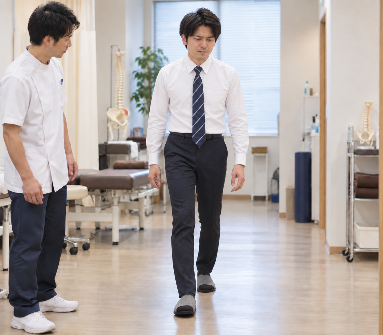 ぎっくり腰の患者さまの歩行状態を確認している様子