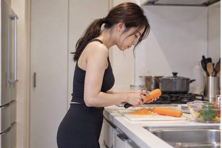 低いキッチン台にお腹をつけ身体を預けるようにして立つ姿勢のイメージ