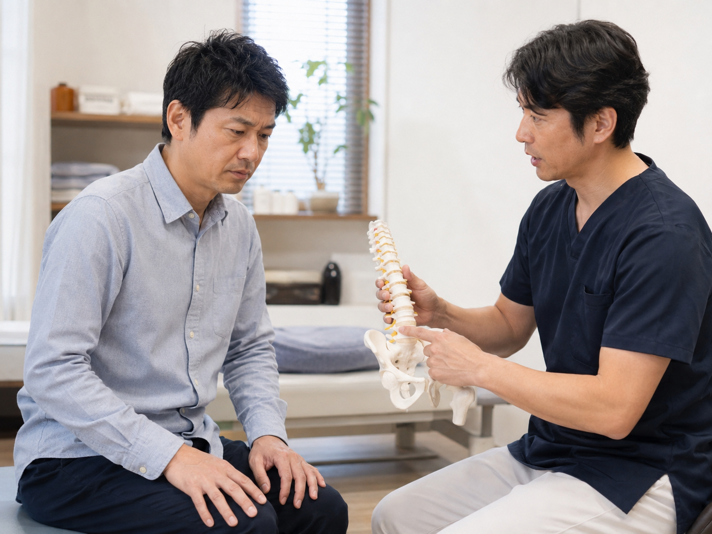 ぎっくり腰の患者さまに身体の状態や原因について説明している様子