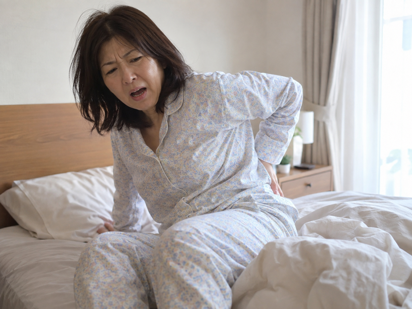 朝起きた直後にぎっくり腰を発症し歩行が難しい50代女性の来院時イメージ