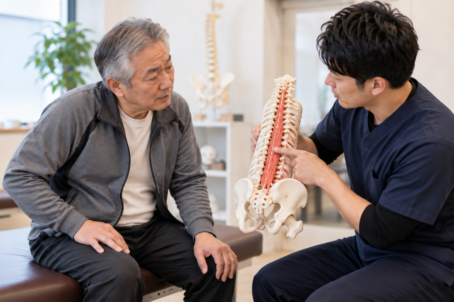 腰と股関節の状態について説明を受ける60代男性のイメージ