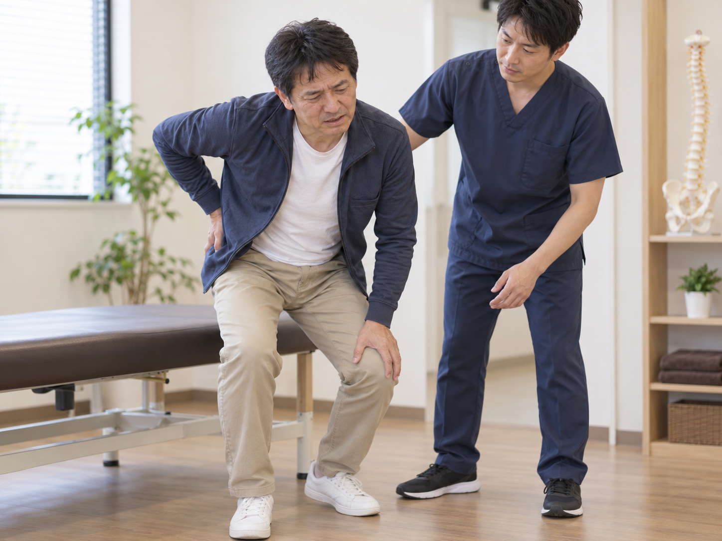 ぎっくり腰の患者さまの立ち上がり動作を確認している様子