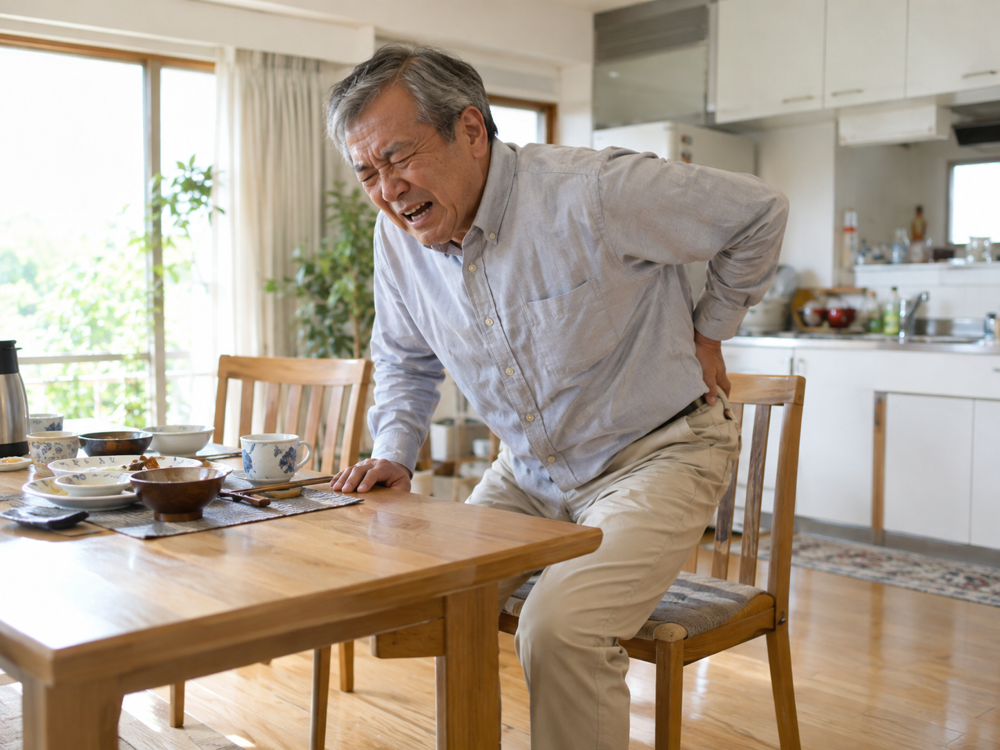 突然のぎっくり腰で日常生活の動作にも支障が出ている60代男性の来院時イメージ