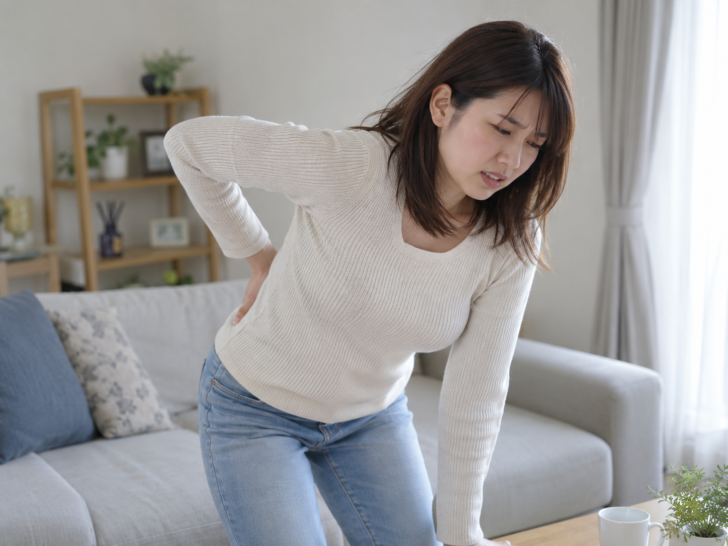 ぎっくり腰の痛みで腰をかばいながらゆっくり歩く20代女性のイメージ
