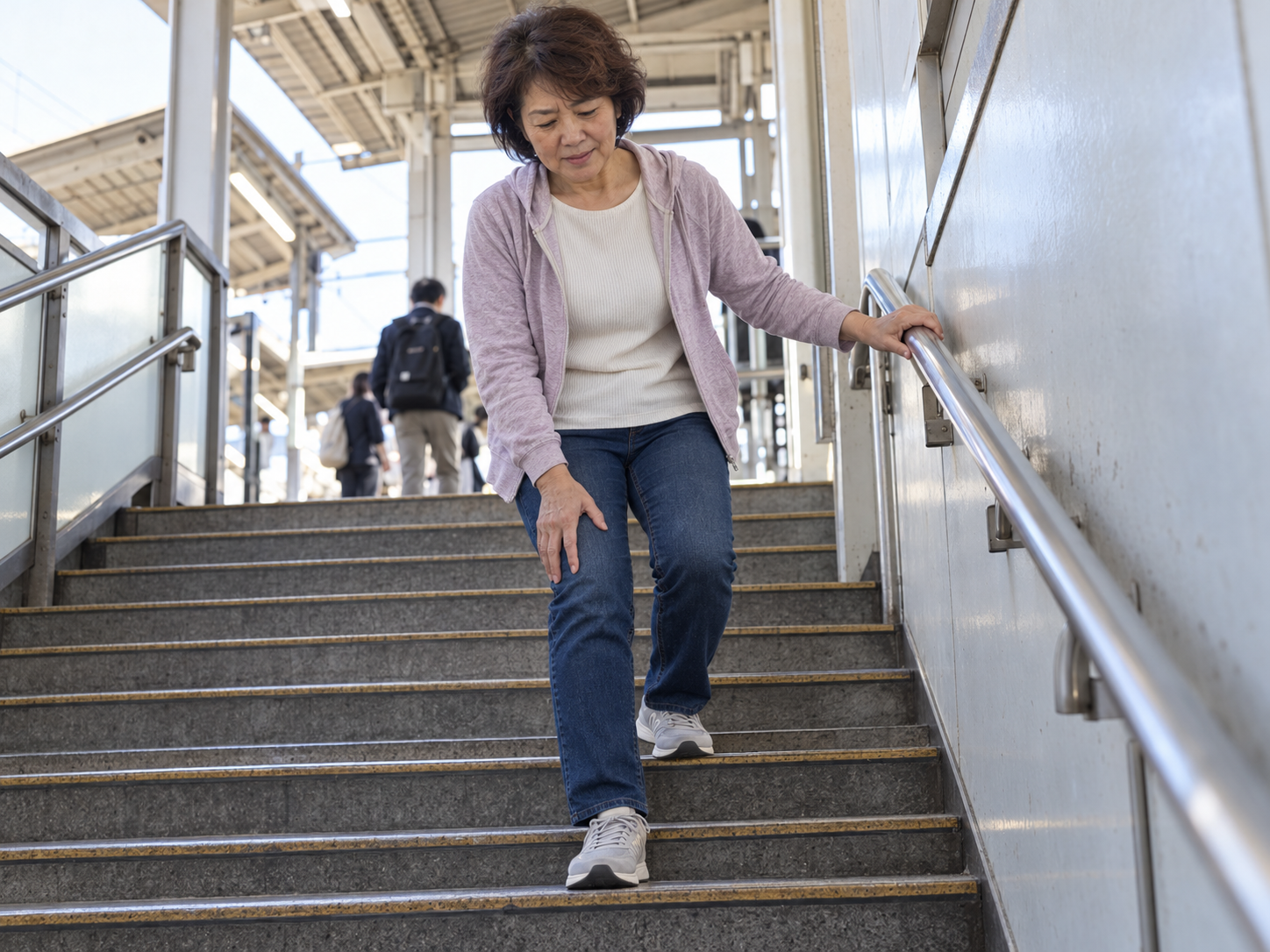 階段を下りると右膝に痛みを感じる女性のイメージ
