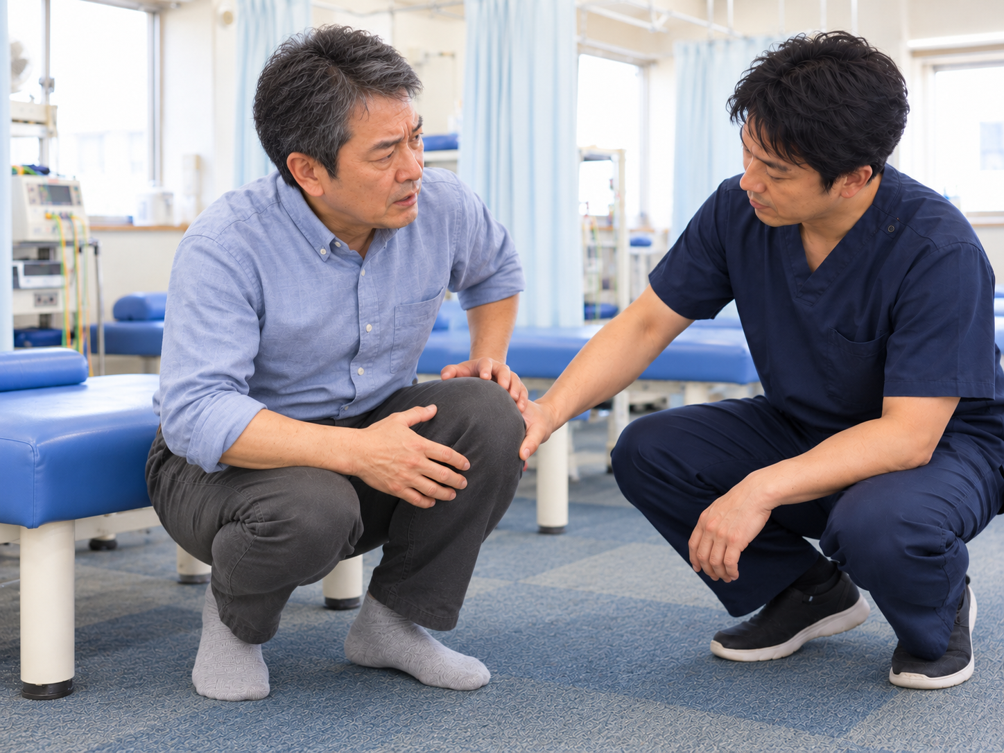 右膝の動きや状態を確認する問診・検査のイメージ