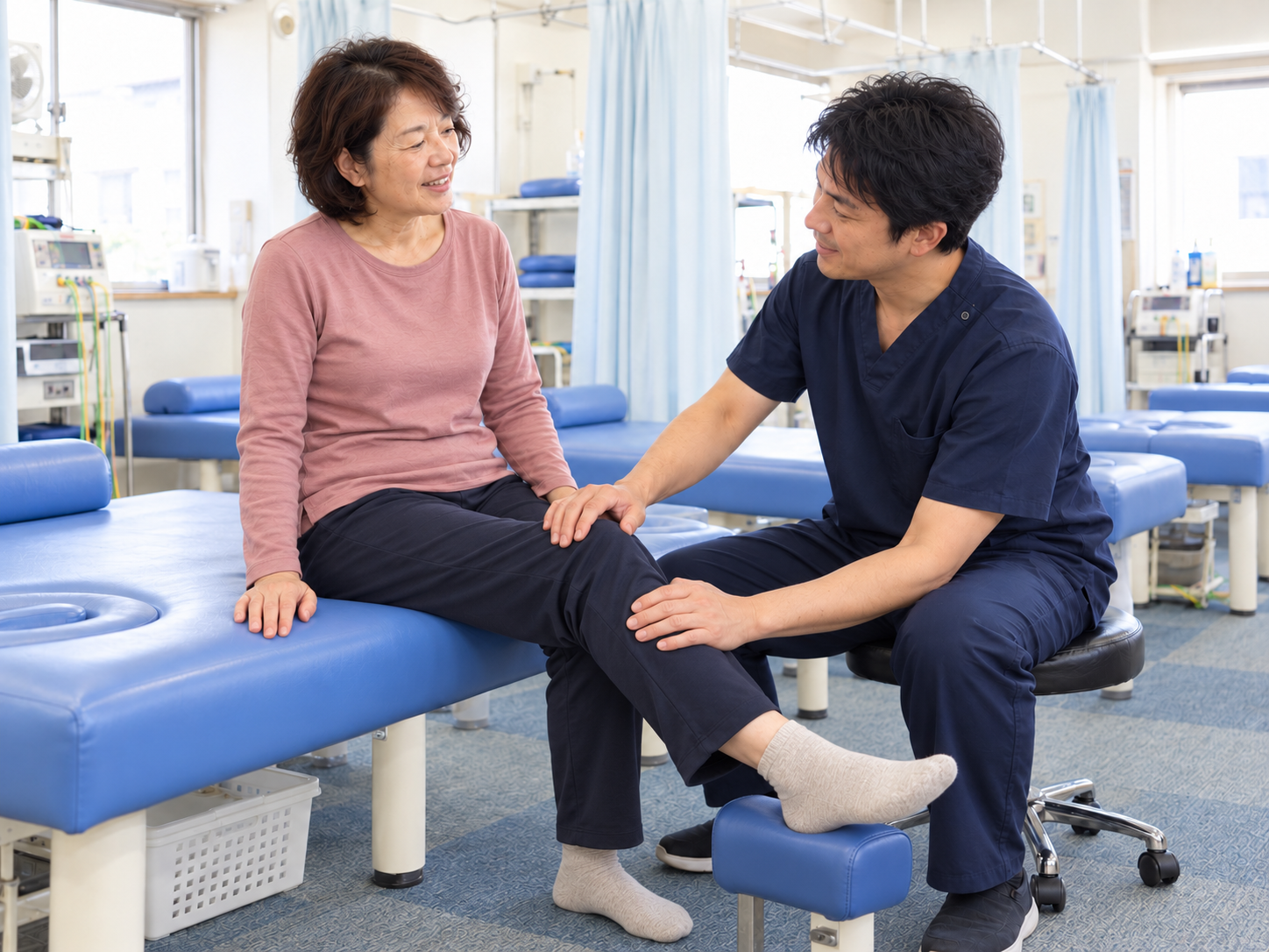 膝の状態を確認しながら施術経過をみているイメージ