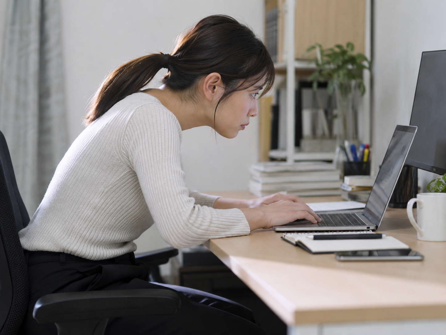 デスクワーク中に頭が前へ出て首や肩に負担がかかっている30代女性のイメージ