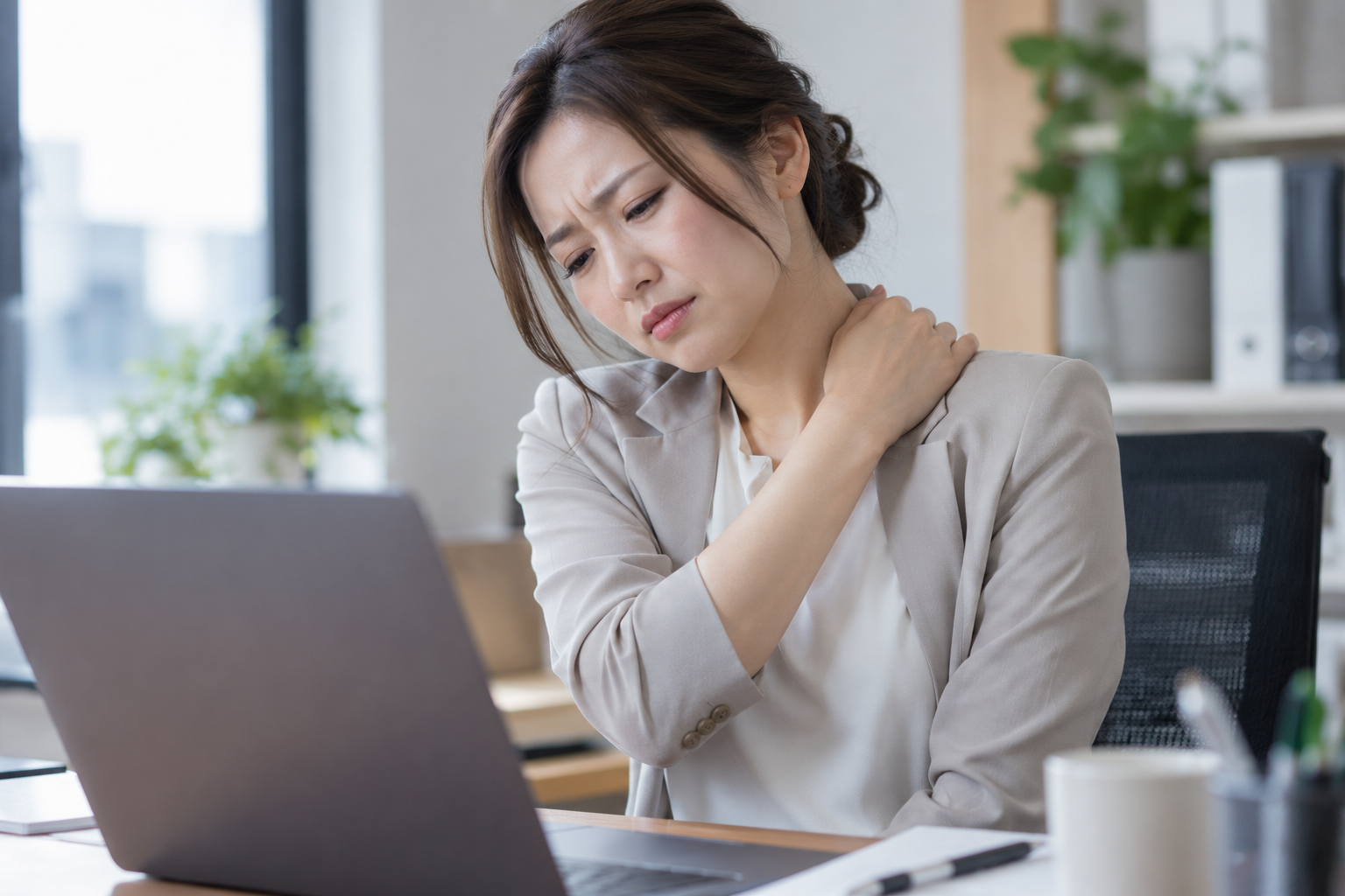 デスクワークやスマートフォン使用後に首こり・肩こりが強くなる30代女性のイメージ