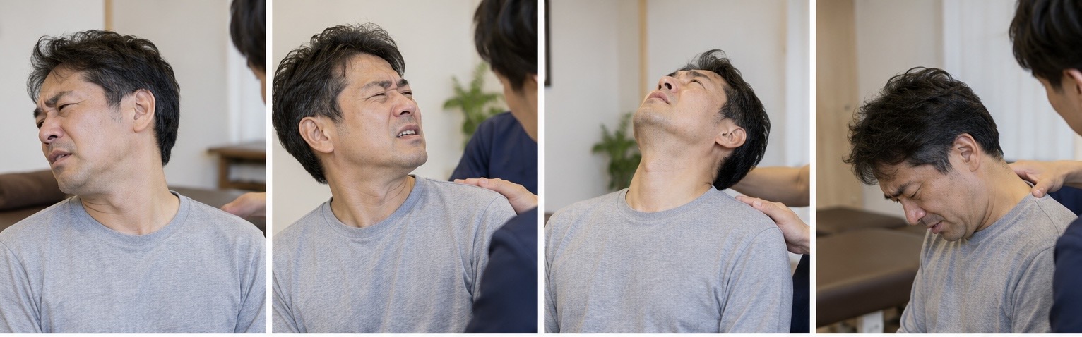 整骨院で首の動きや痛みが出る方向を確認している46歳男性のイメージ