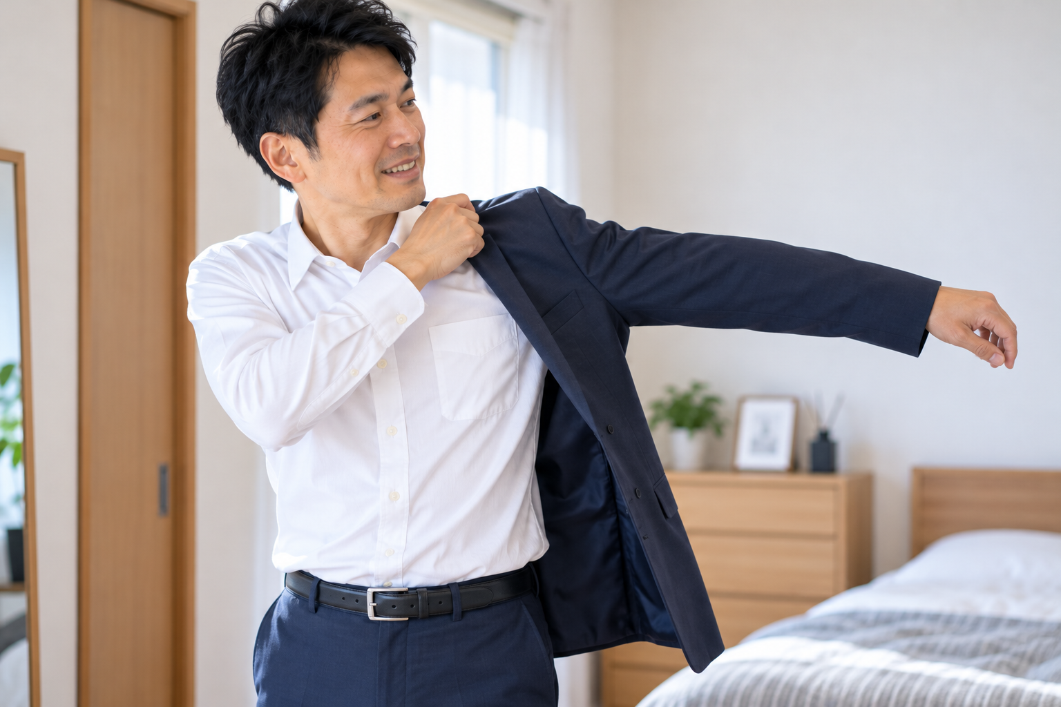 肩の痛みが改善し、スムーズに腕を上げられるようになった40代男性のイメージ