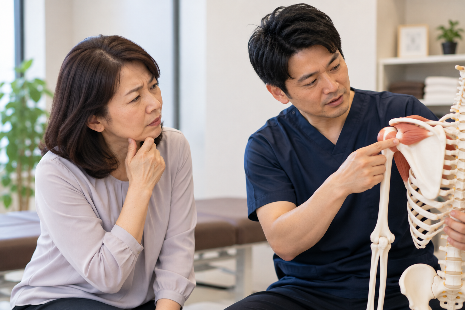 肩甲骨の動きと右肩への負担を確認する50代女性のイメージ