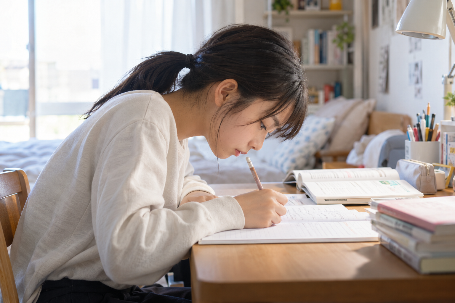 勉強中に机へ顔を近づける学生の姿勢