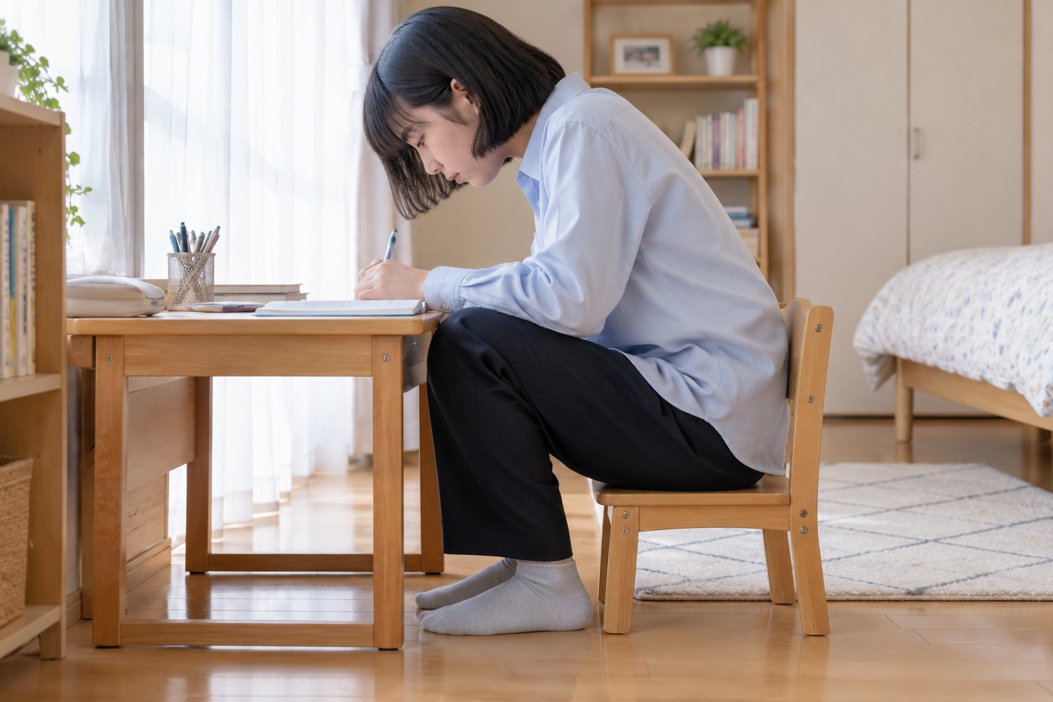成長期に机や椅子の高さが合わなくなっているイメージ
