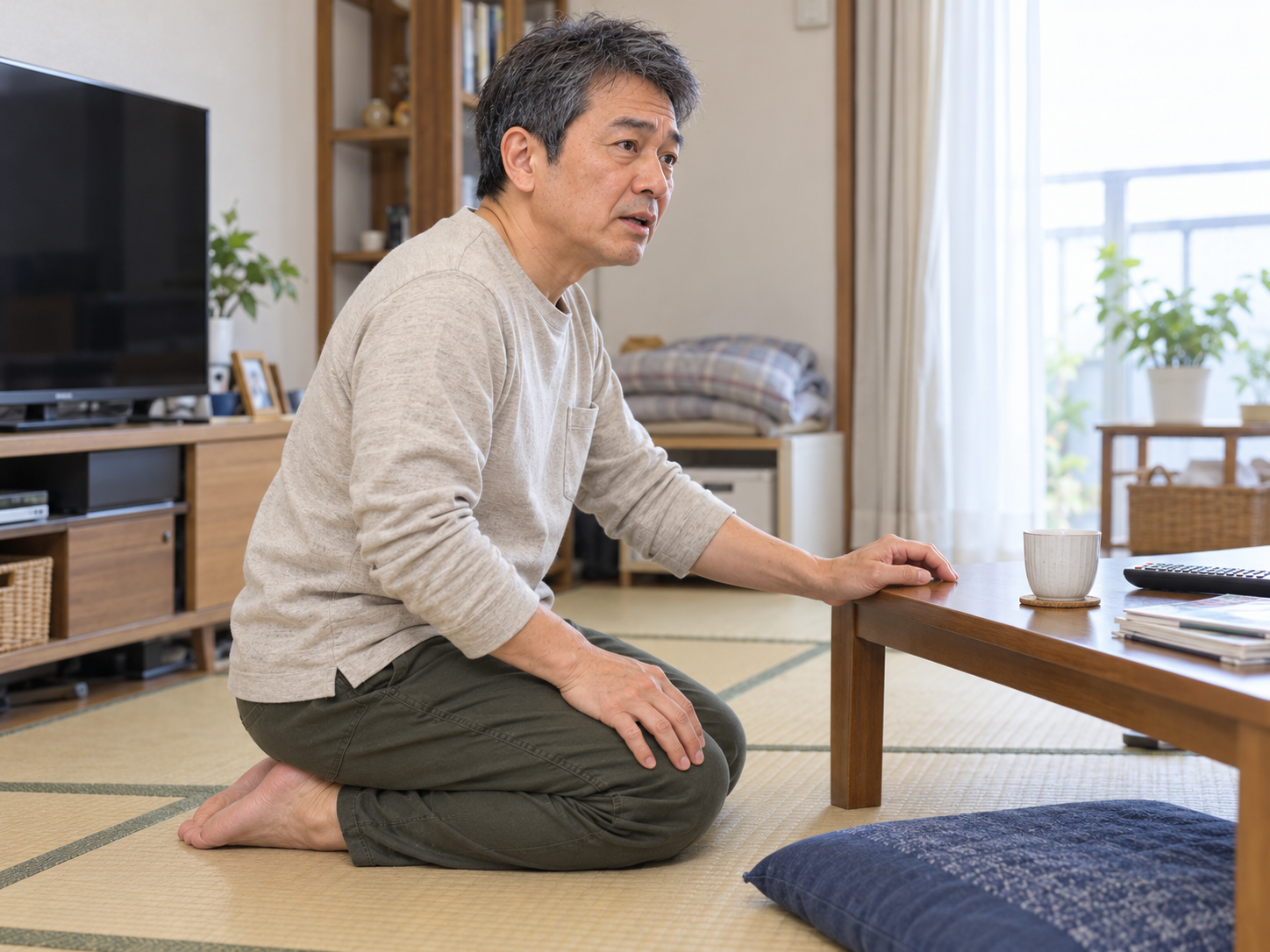 自宅で正座や床に座る動作の際に右膝の痛みを感じる男性のイメージ
