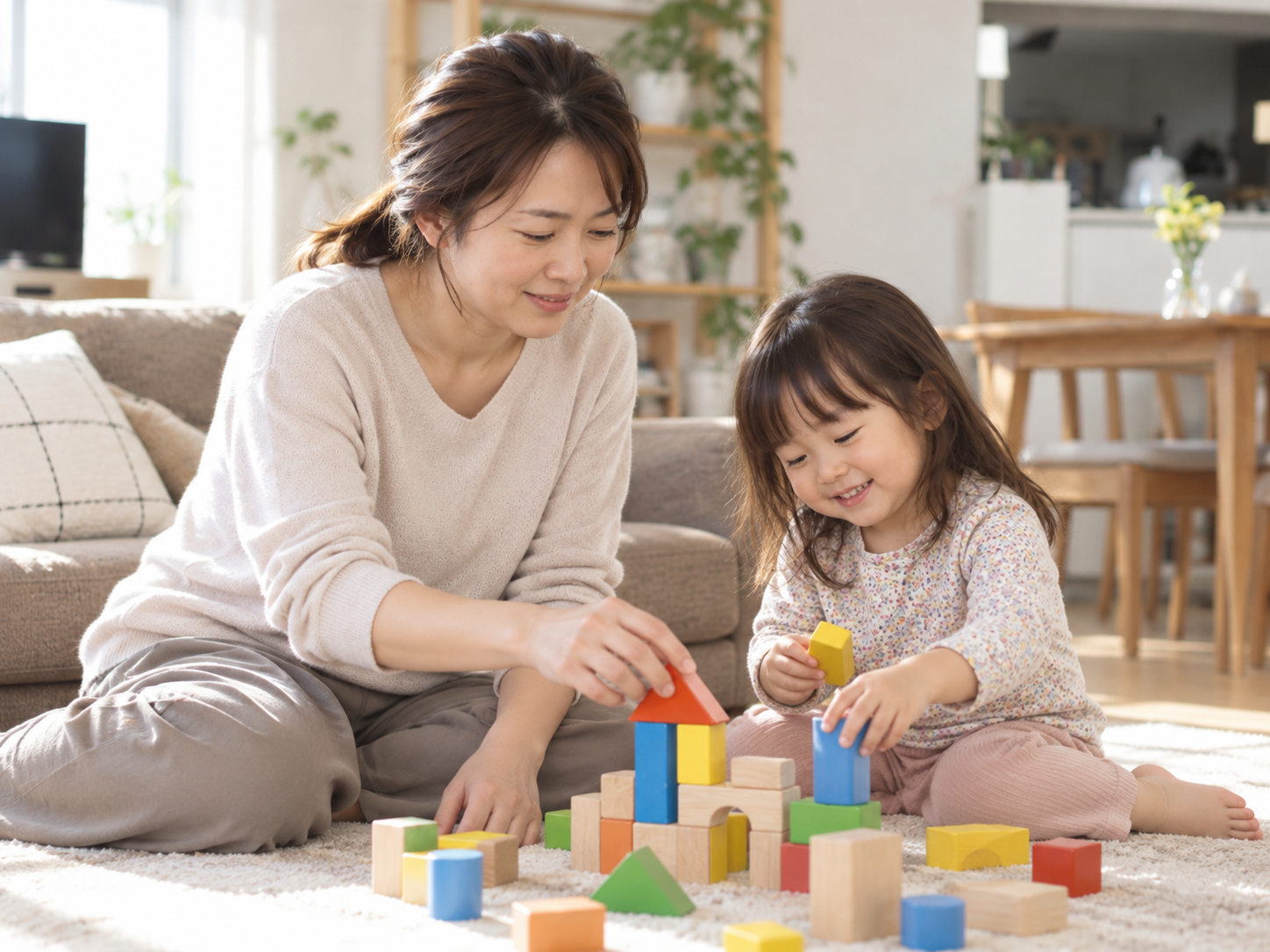 床で子どもと遊んでいる女性のイメージ