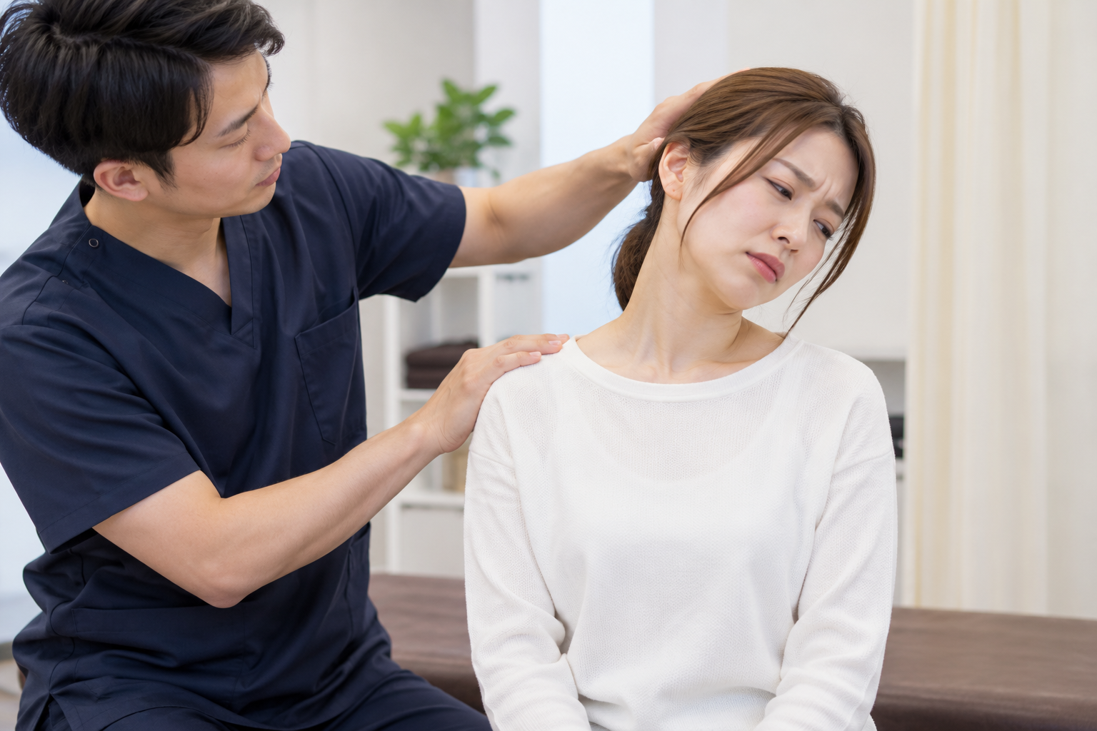 ストレートネックを指摘された30代女性の首の動きを確認する問診・検査のイメージ