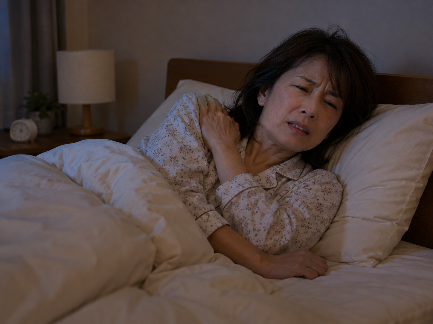 夜間の肩の痛みで眠れずに悩む50代女性のイメージ