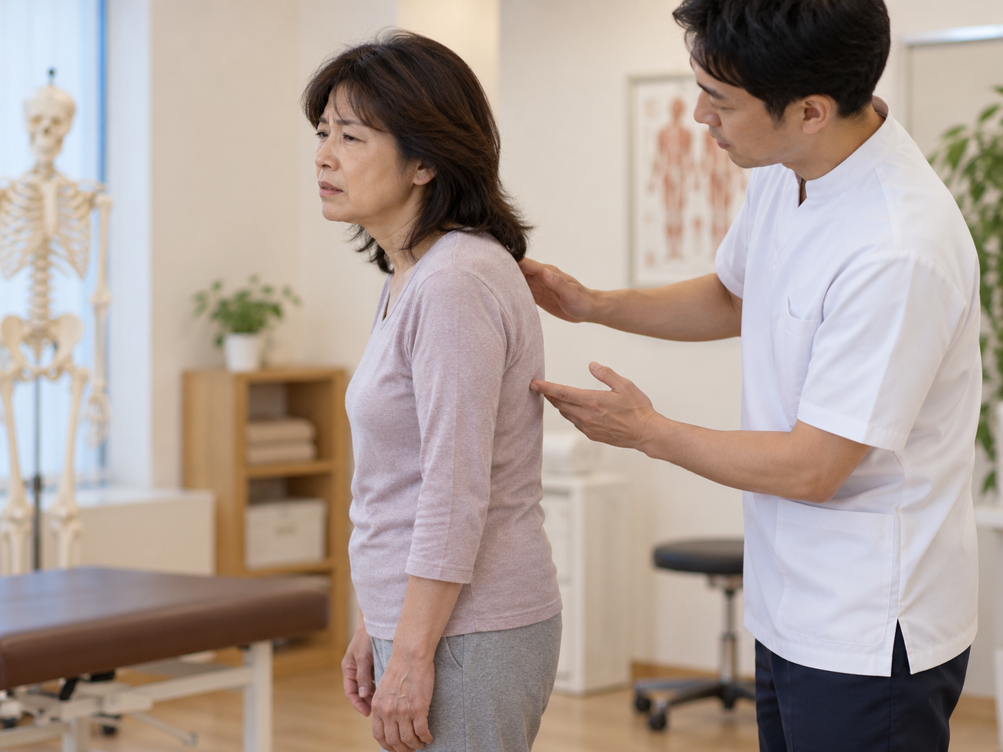 五十肩で来院した50代女性の肩の動きや姿勢を確認するイメージ