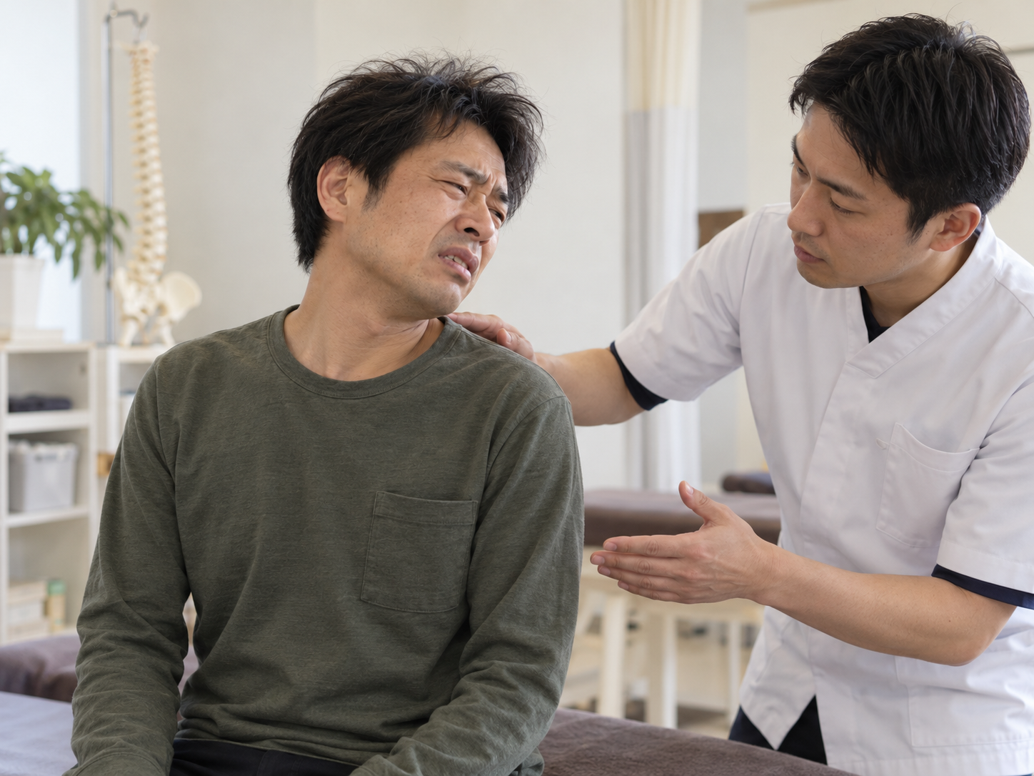 寝違えによる首の痛みに対して身体の状態を確認しながら施術するイメージ