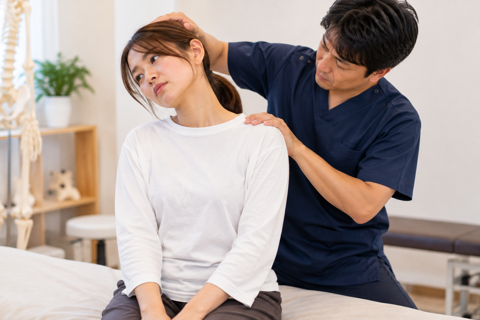 首や肩甲骨の動きを確認する30代女性の検査イメージ
