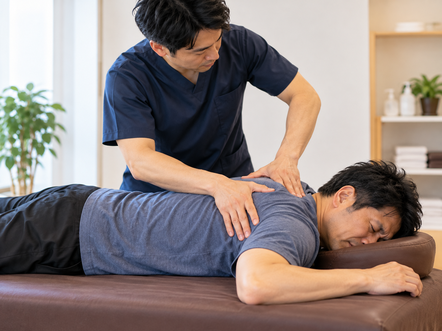 肩関節と肩甲骨の動きを確認しながら施術を行うイメージ