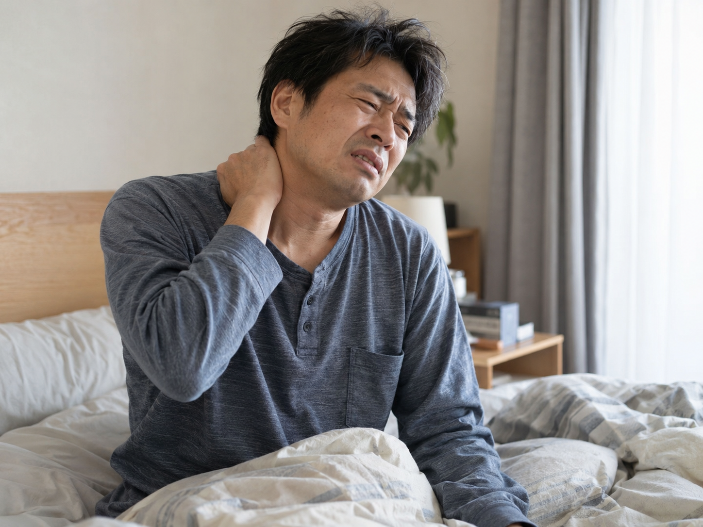 右を振り向こうとすると首から背中まで痛みが走る46歳男性のイメージ