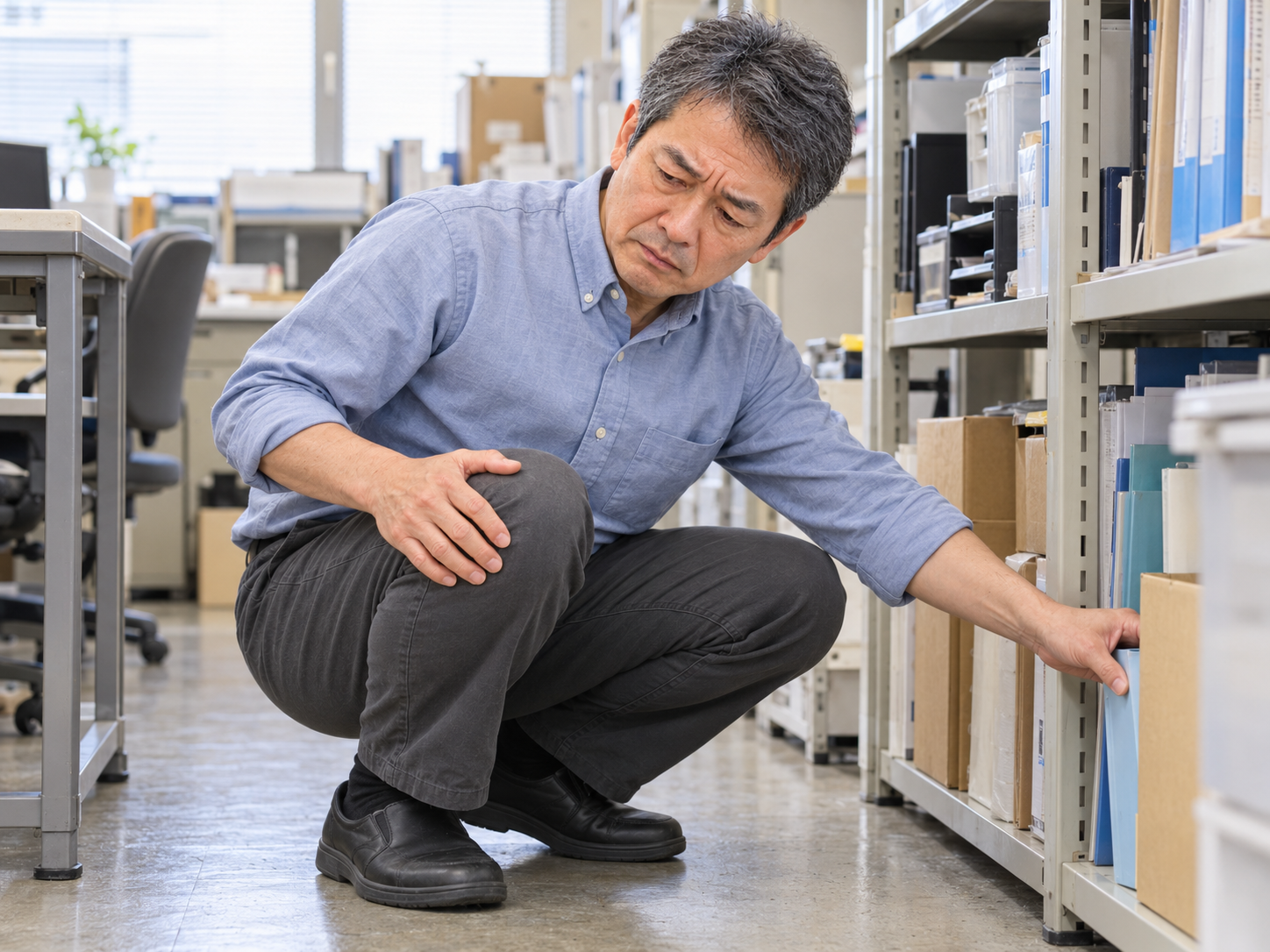 仕事中に低い位置の書類を取ろうとして右膝に痛みを感じる男性のイメージ