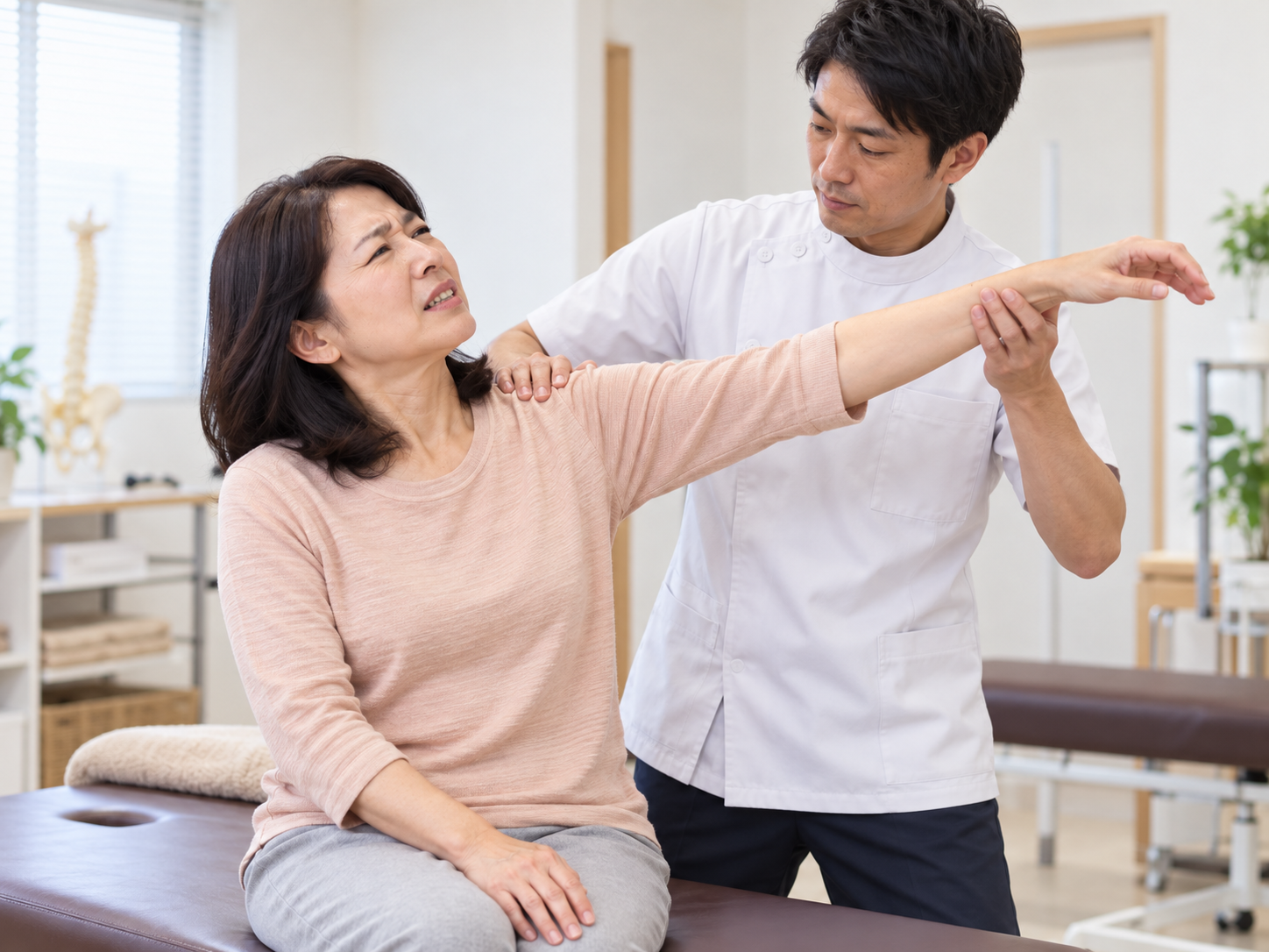 整骨院で右腕を上げる動きを確認している50代女性のイメージ