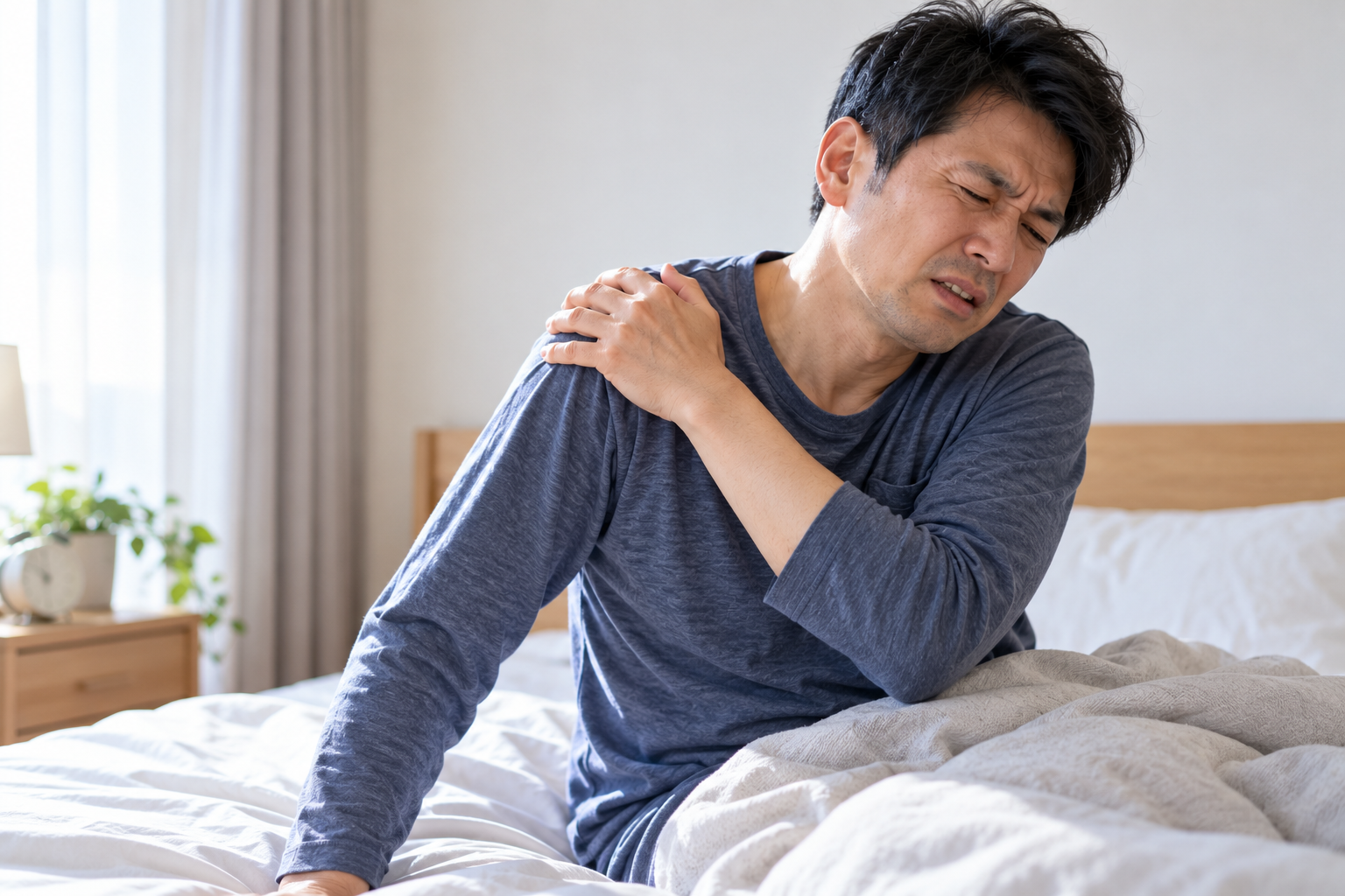 朝起きた時に右肩の強い痛みが生じた40代男性のイメージ
