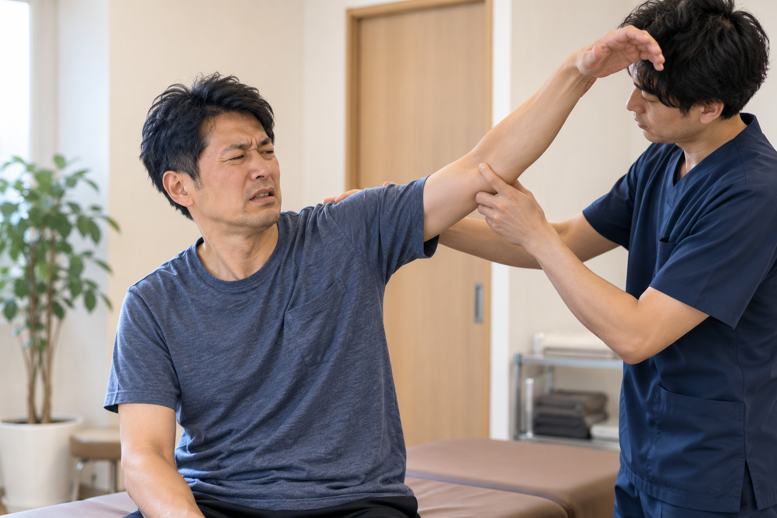 肩を上げる途中で痛みが出る40代男性のイメージ
