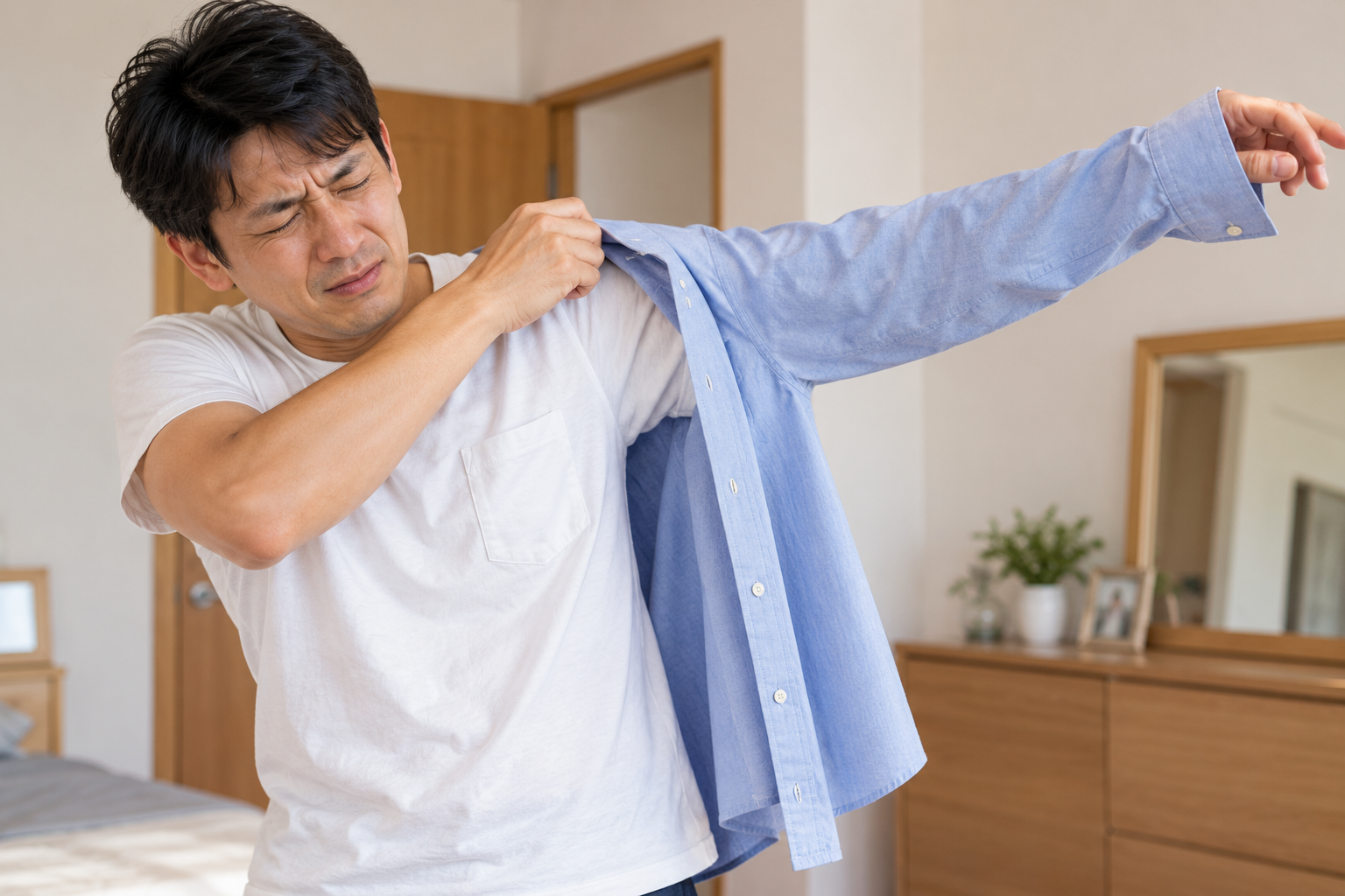 腕を動かす際に肩の骨が前方へ動きやすい状態を説明するイメージ