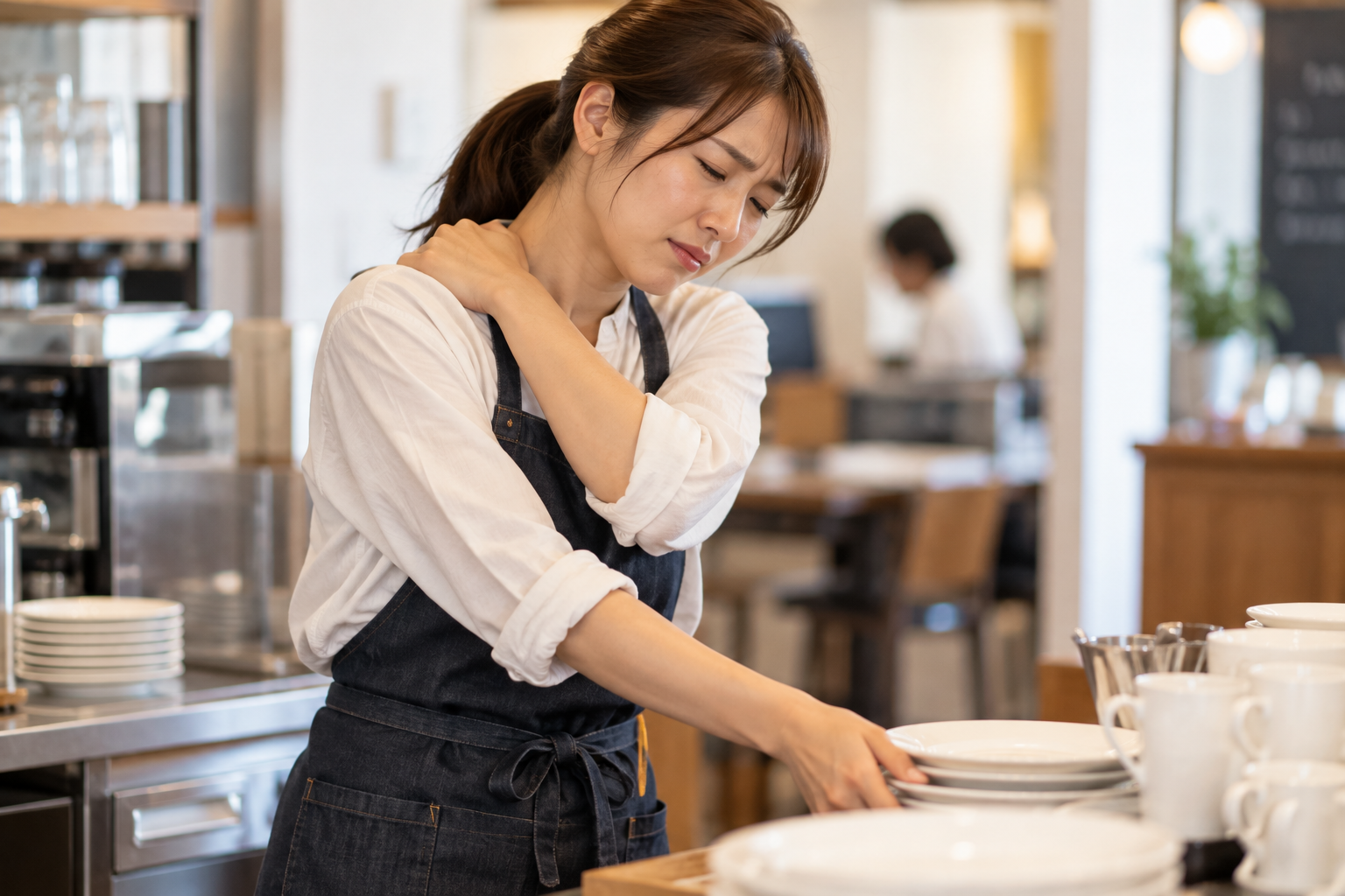 立ち仕事中に首や肩、肩甲骨まわりのつらさを感じる30代女性のイメージ
