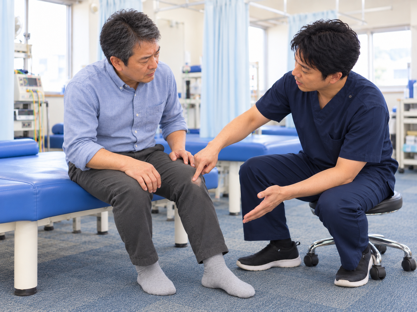 膝の痛みと身体の動きを分析するイメージ