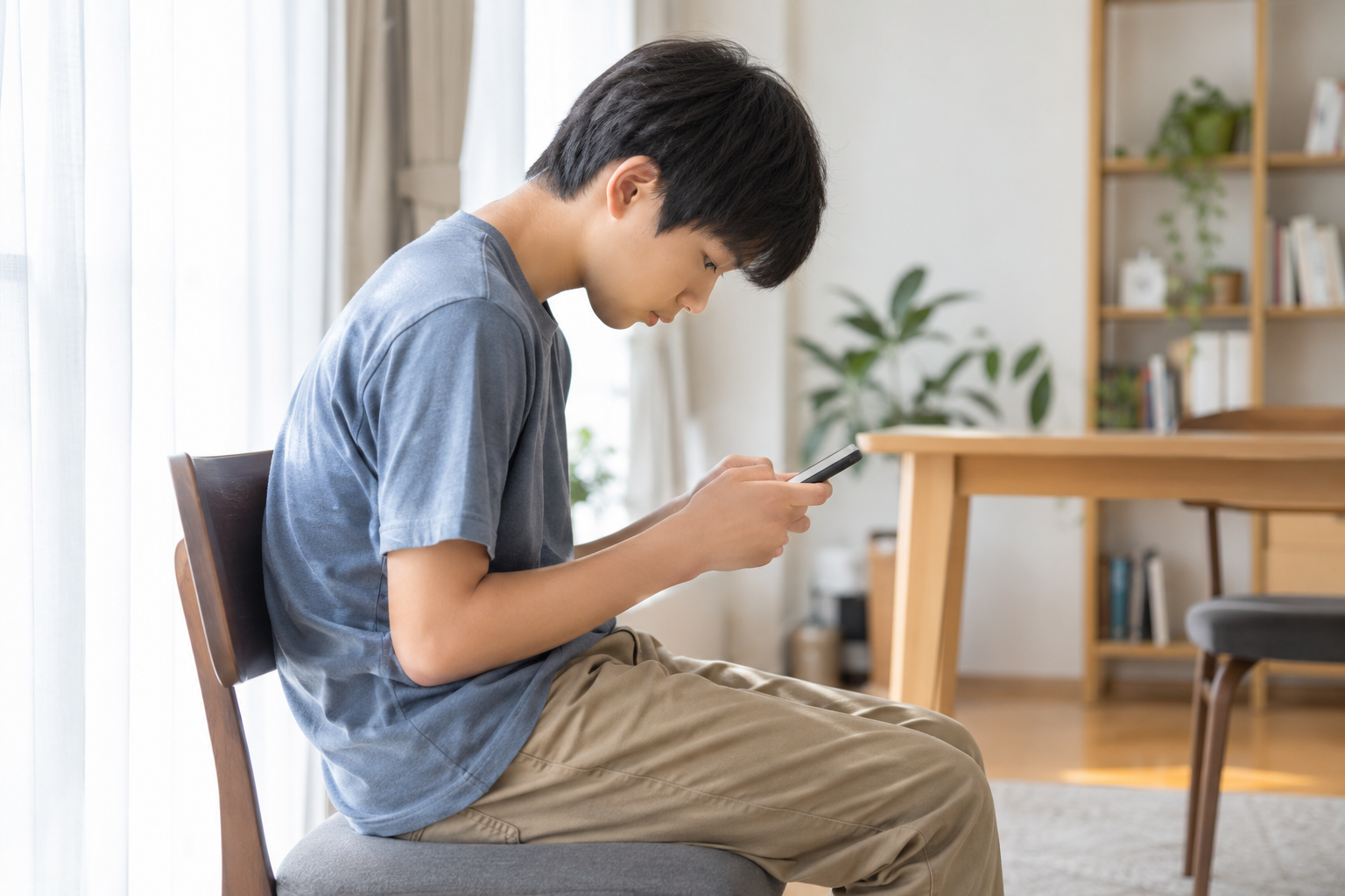 スマートフォンを見る学生の姿勢