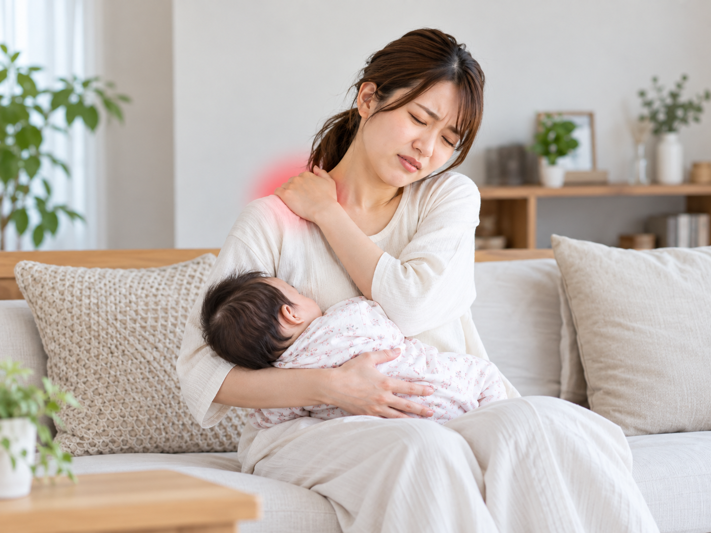 授乳中に右首から肩のつらさを感じる20代女性のイメージ