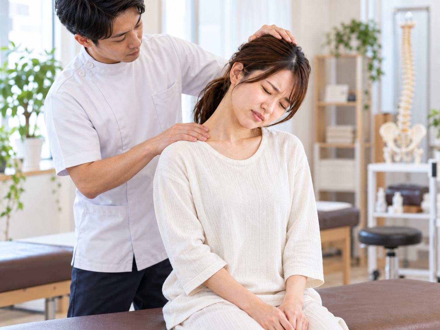 授乳中の首肩こりについて首や肩の動きを確認する検査イメージ