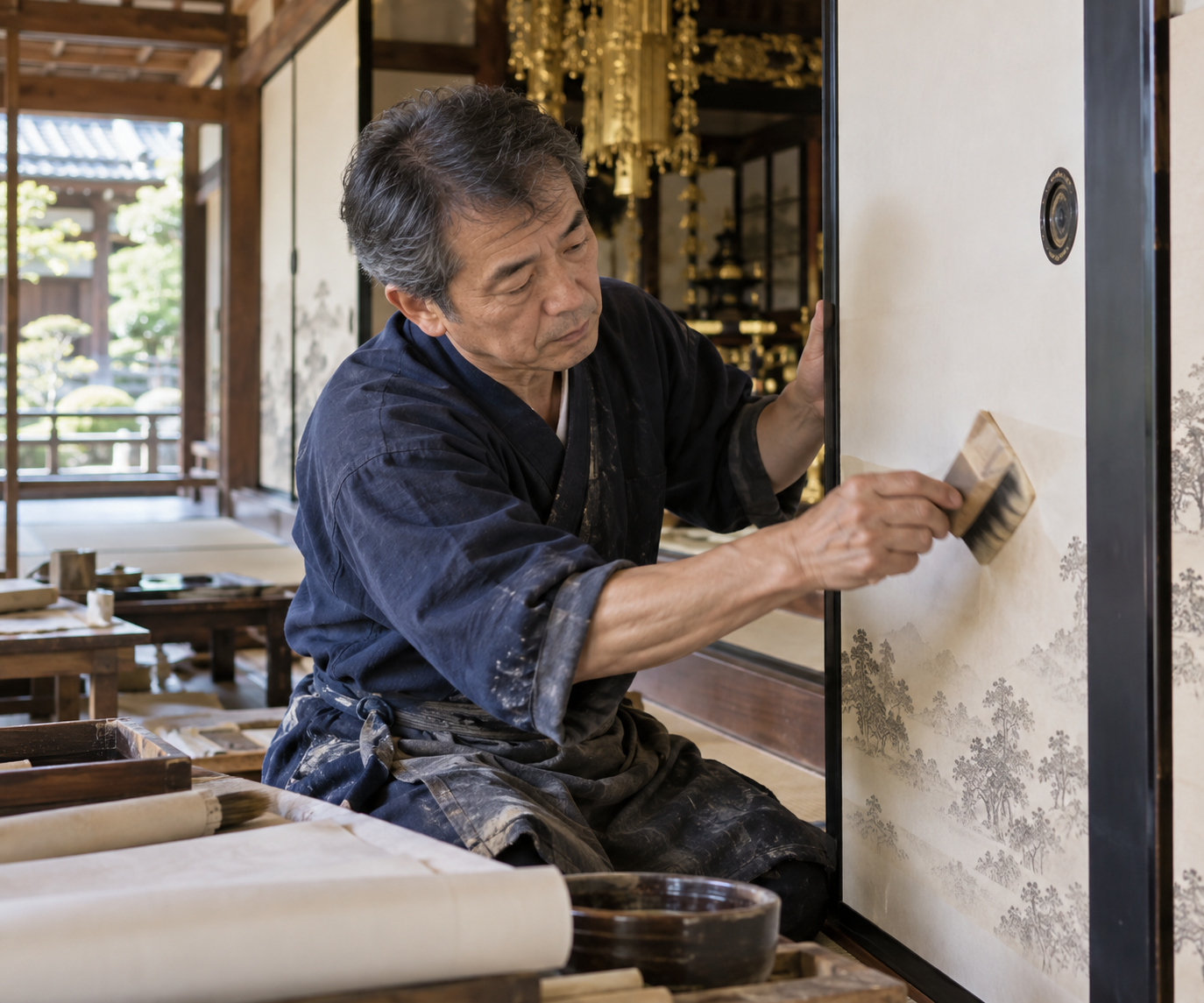 襖・障子の修復作業を行う表具師のイメージ