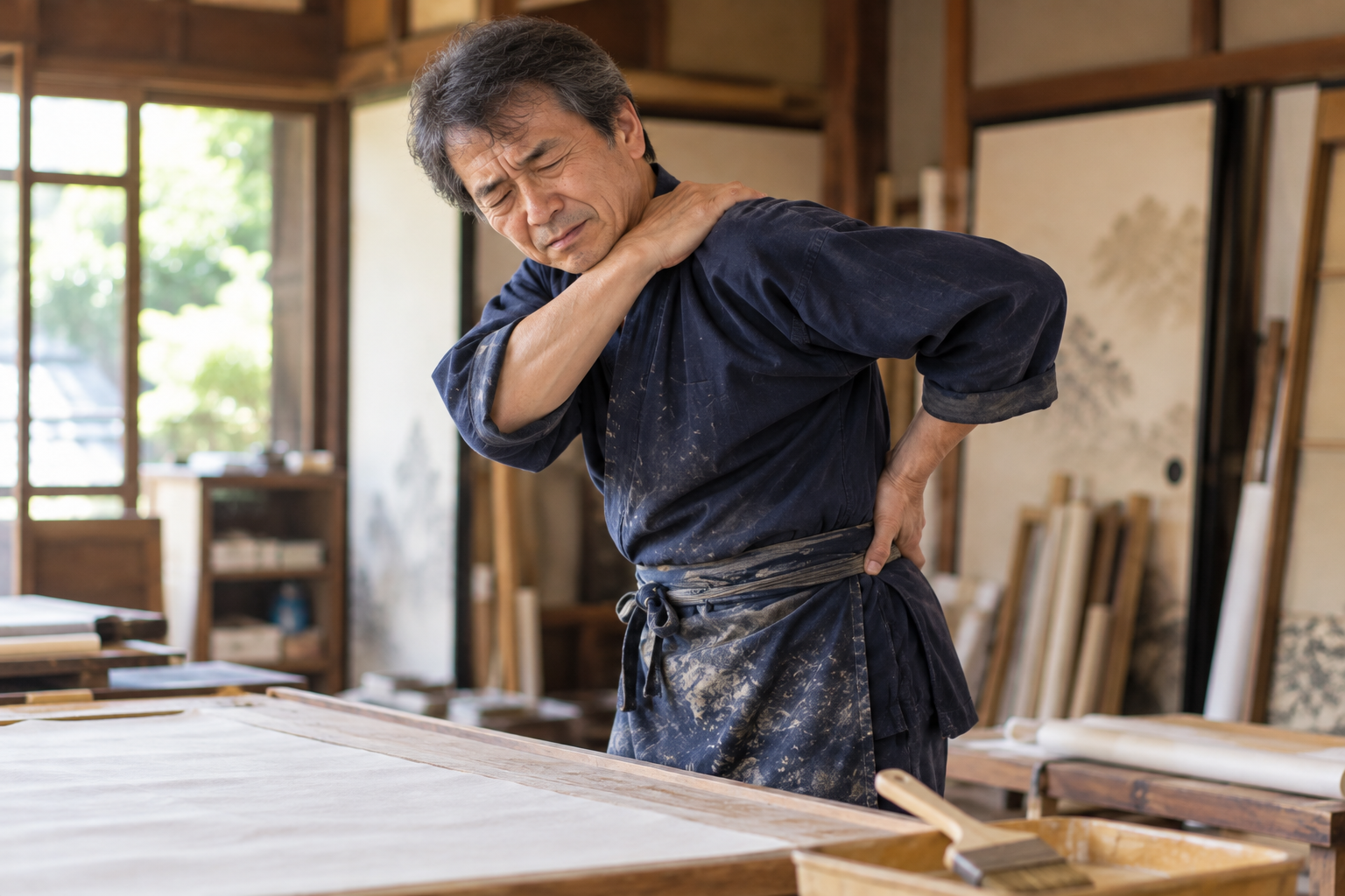 襖の修復作業後、肩から背中・腰まで固まったようなつらさを感じる58歳男性のイメージ