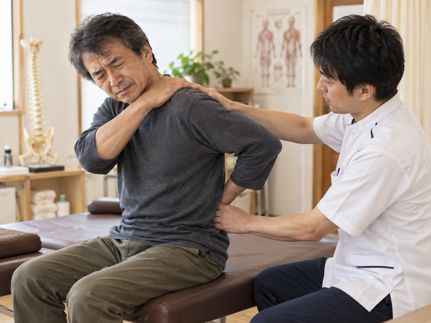 表具師の仕事内容を踏まえ、肩甲骨・背中・股関節の動きを確認する問診検査のイメージ
